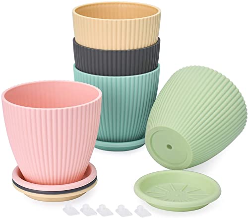 Dhari Pot Set With Tray Elegant Striped Texture For Indoor & Balcony Use 5 Pieces Combo