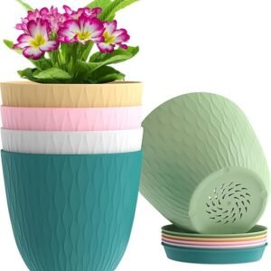 DukanRoad Round Flower Pots With Drainage Hole Saucers | Durable Outdoor Indoor Wave Pattern Planter with Tray | Plant Container for Garden, Office, Balcony and Home (Set of 5, Multicolour)