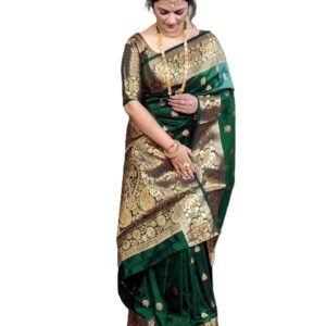 Traditional Banarasi Silk Saree, Turquoise Blue with Gold Zari Work, Unstitched Blouse Piece