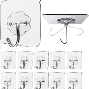 DukanRoad Adhesive Hooks 10 Pcs – Heavy Duty 13.2lb Nail-Free Wall Hooks, Reusable Stainless Steel Sticky Hangers for Kitchen Bathroom Towels, Utility, Ceiling, Multipurpose Home Organization
