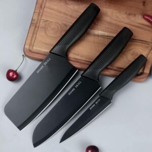 Kitchen Knife Set Stainless Steel 3 Pieces Professional Meat Knife Chef Knife with Non-Slip Ergonomic Handle Sharp Manual Sharpening for Home Kitchen High Carbon Knife Set (Black)